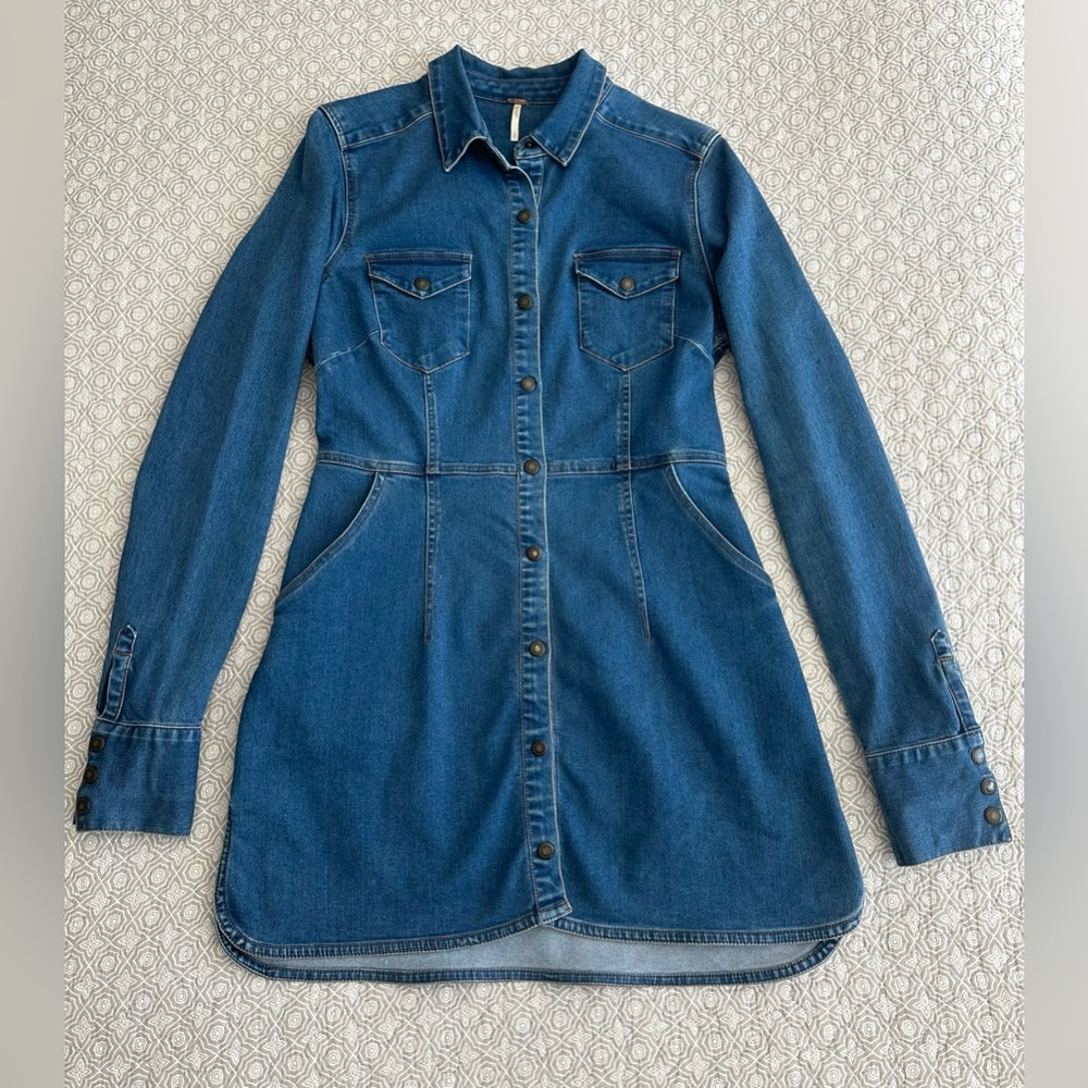 Free People Dynomite Medium Wash Long Sleeve Stretch Denim Mini Dress Size S - Picture 4 of 10